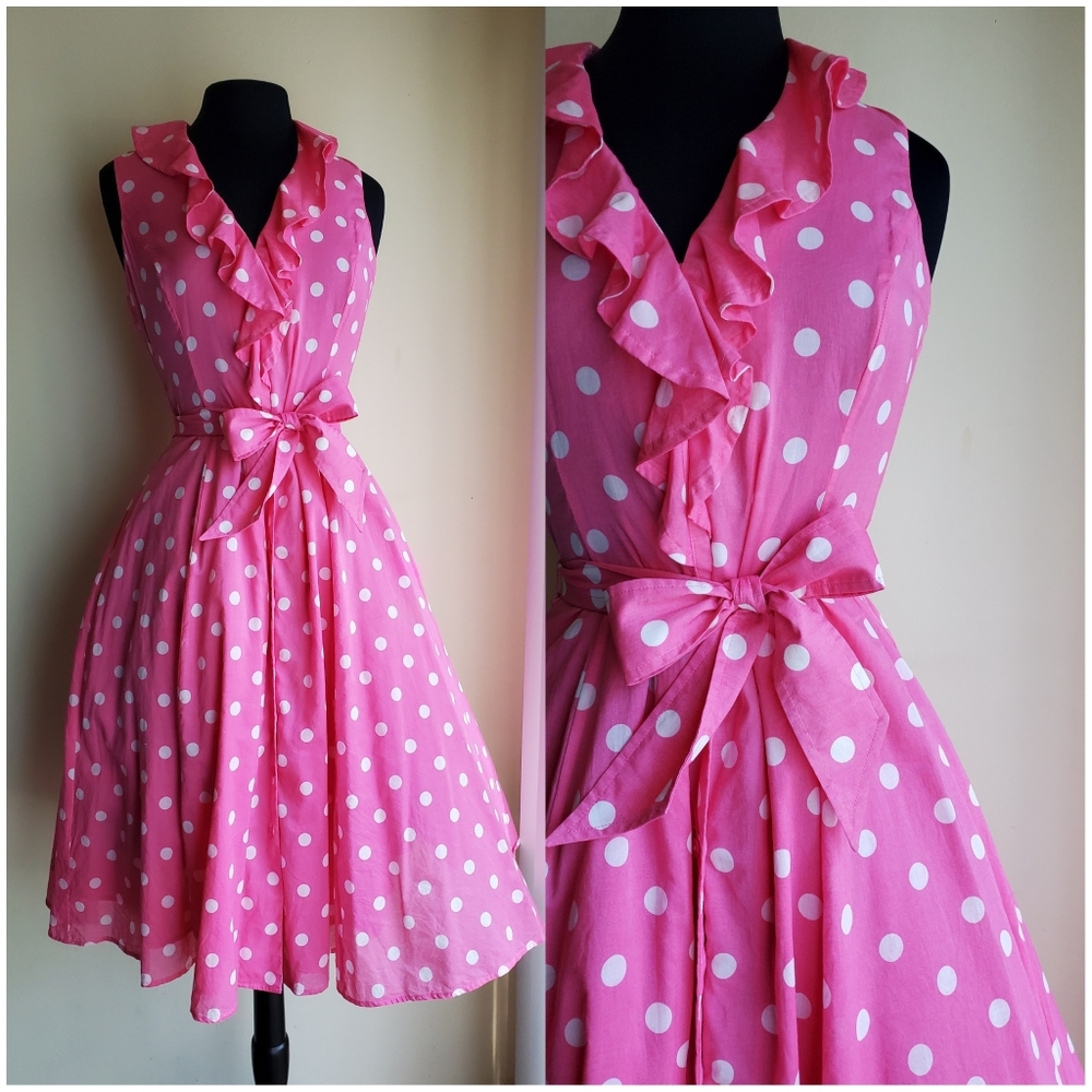 Pink and white polka dot dress with tie belt